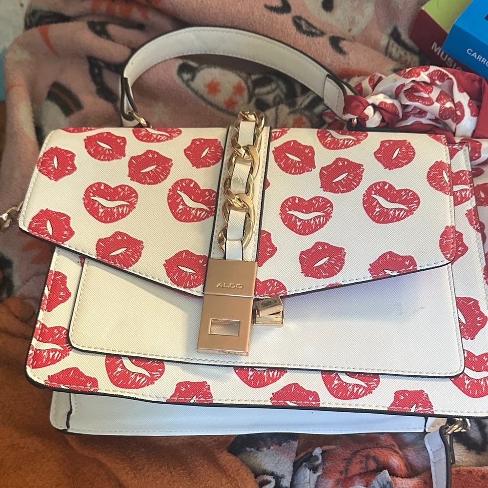 Aldo Red and White Kiss Print Satchel